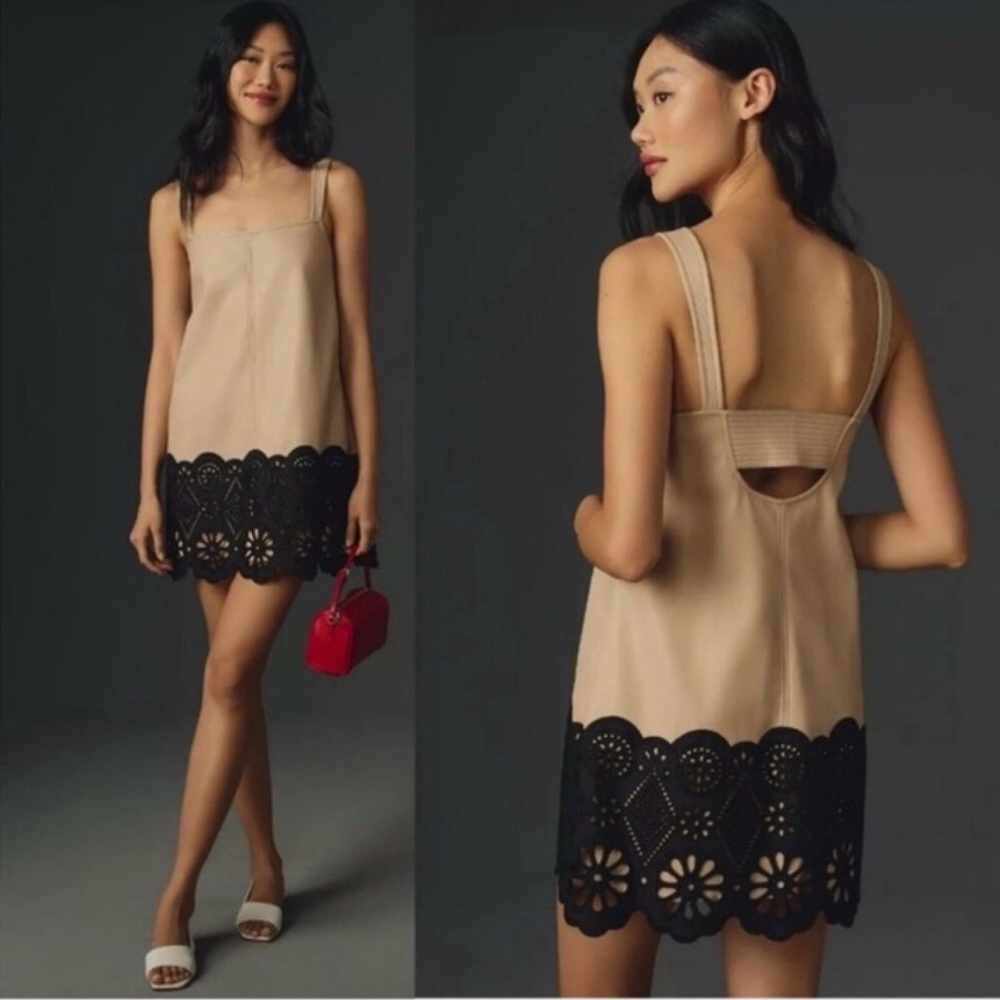 Anthropologie Sleeveless Square Neck Tan Faux Leather Scalloped Dress Size 8